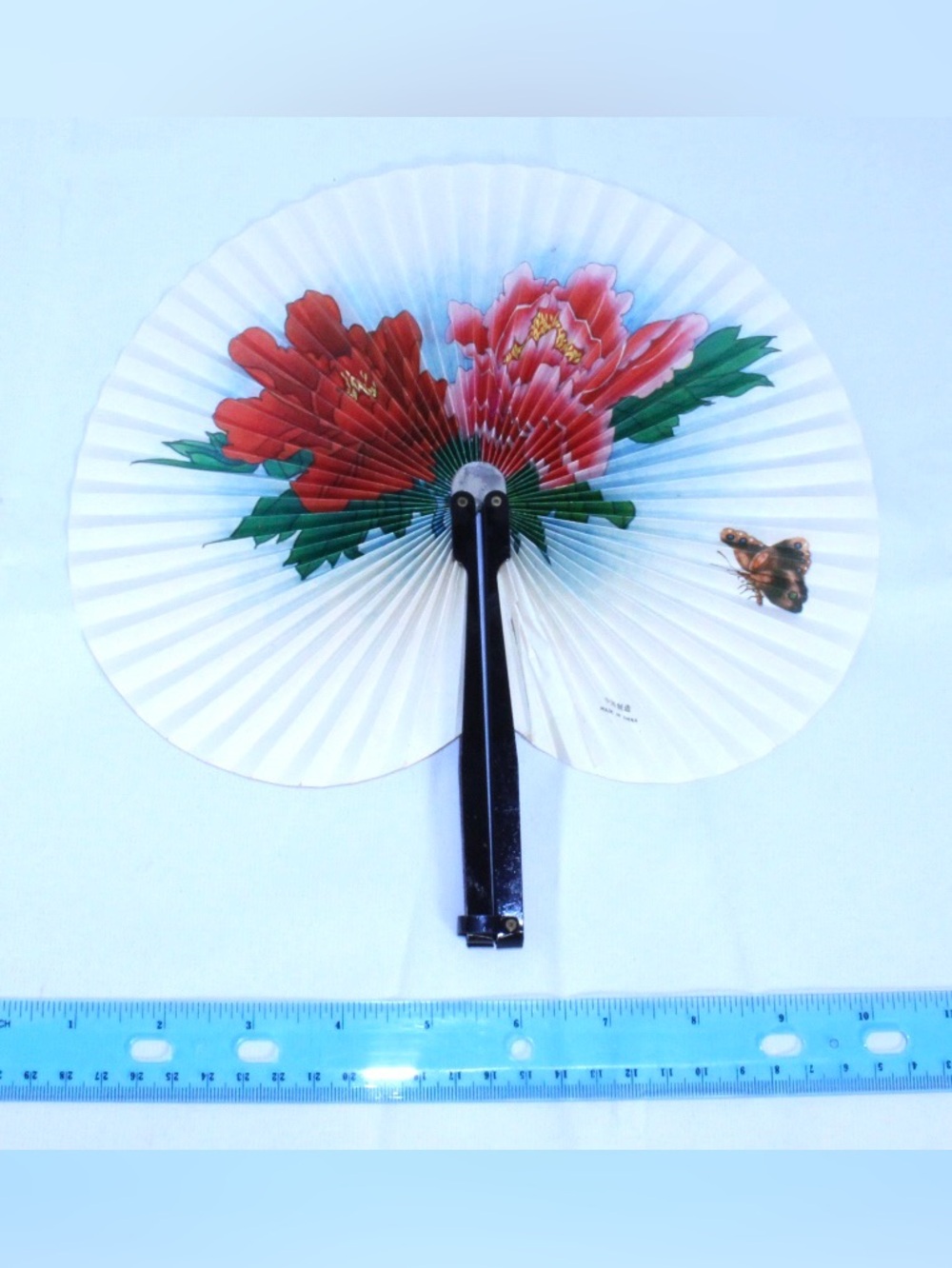 Vintage MCM Handheld Foldable Fan with Red & Pink Floral Design
